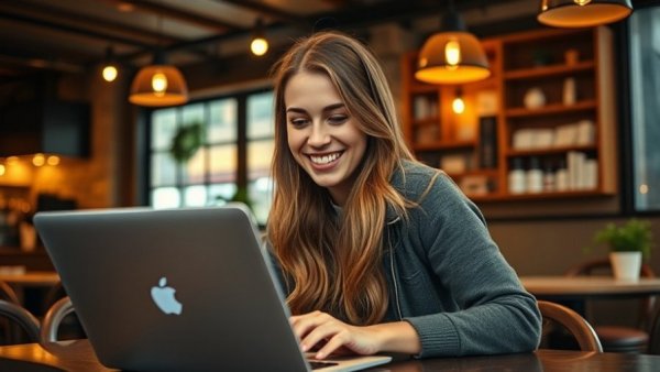 Young woman smiling while working on a laptop in a cozy cafe, illustrating how online reviews can transform your small business.