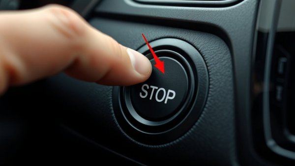 Close-up of car engine start button with red arrow highlighting.
