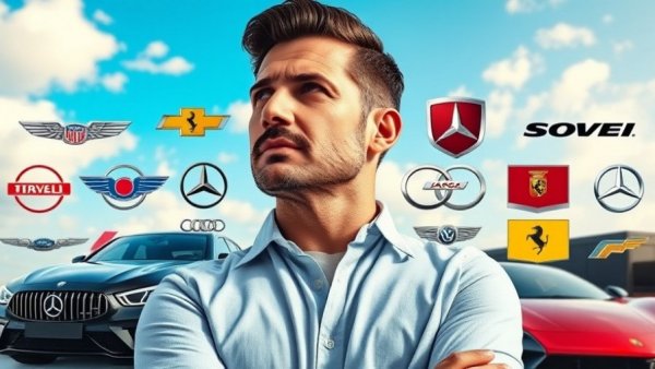 Collage of reliable luxury car brand logos with thoughtful man.