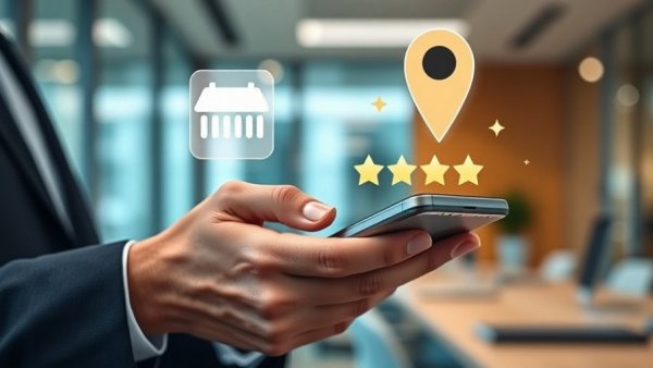 Businessperson using smartphone with digital review icons for reputation management software.