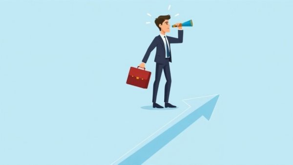 Businessman with a briefcase looking through a telescope on an arrow, symbolizing the future of reputation management.