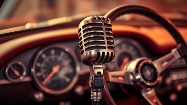 Retro microphone promoting marketing for auto repair shops, emphasizing customer behavior analytics.