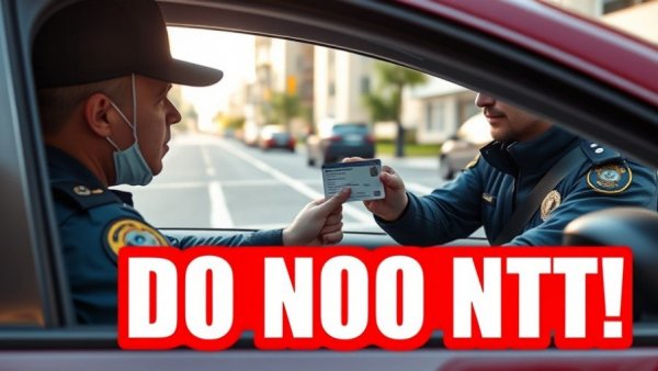 Traffic Stop Tips: License exchange scene with 'DO NOT' sign.