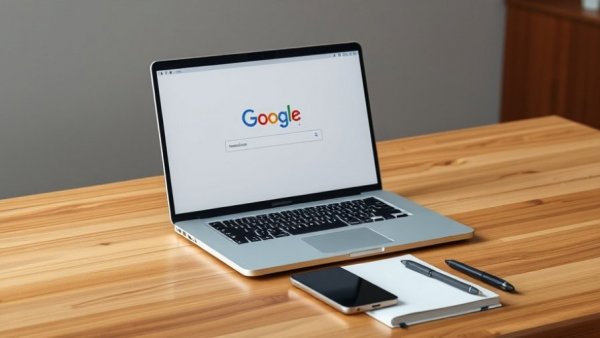 Modern workspace with laptop showing Google homepage, featuring wooden desk accessories.