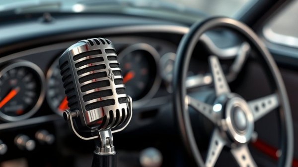 Vintage microphone with car dashboard for auto repair marketing themes.