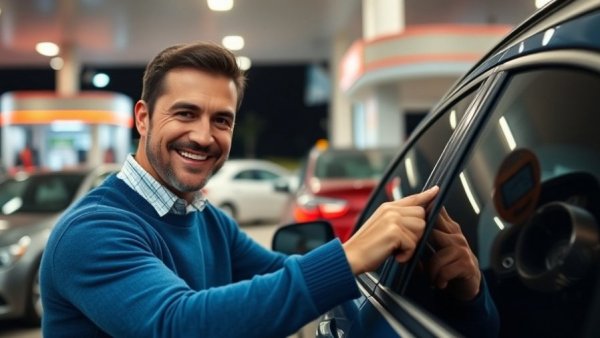 Man touching car door for static discharge, gas pump safety precautions