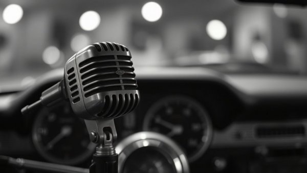 Importance of Cybersecurity for Auto Repair Shops podcast with vintage microphone and car dashboard.