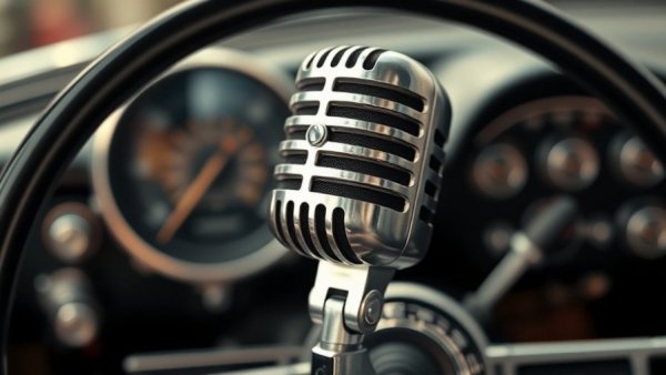 Community engagement in auto shop marketing with vintage mic and dashboard.