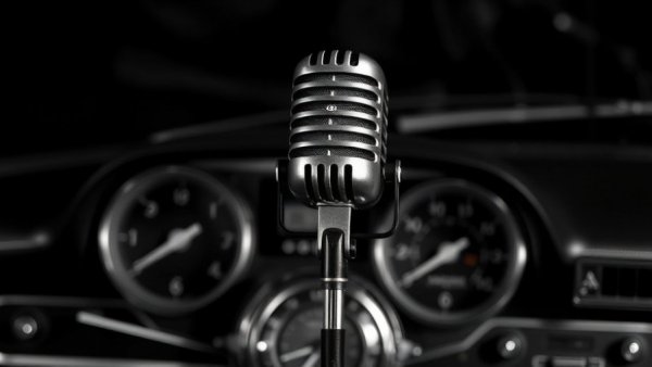 Retro microphone and car dashboard symbolizing auto repair marketing podcast.