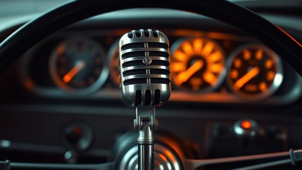 Classic microphone with vintage car dashboard, a nod to strategies in auto repair marketing.