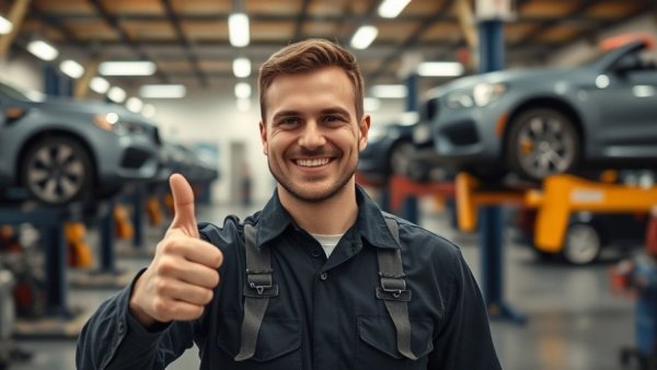 Confident mechanic in busy auto repair shop, highlighting best time for auto repair shops.