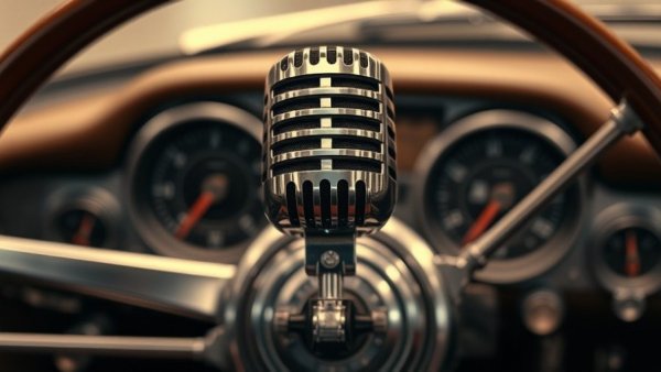 Microphone with car dashboard background for auto repair podcast.