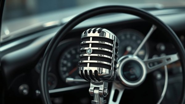 Retro microphone and car dashboard evoking vehicle health monitoring concept.
