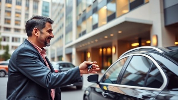 Man and valet exchanging car keys in urban setting, secret car features.