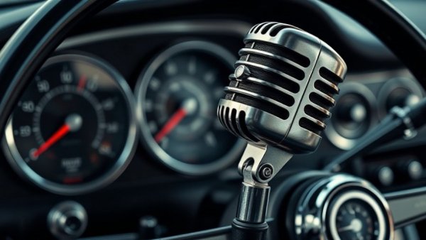 Vintage microphone in front of car dashboard, symbolizing customer personalization in automotive services.