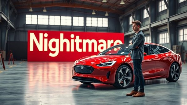 Problems with EVs: Concerned man beside red electric car.