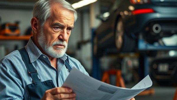 Concerned repair shop owner reviewing profit and loss sheet.