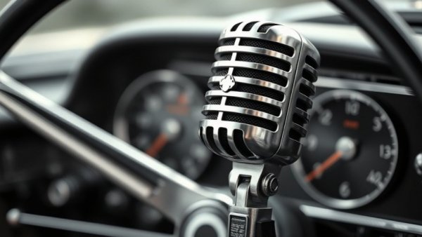 Vintage microphone in front of car dashboard for marketing podcast.