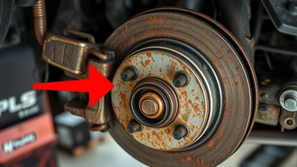 Rusted car brakes missing pads, emphasizing brake maintenance.