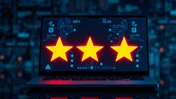 Futuristic AI reputation management concept with laptop and five-star rating.