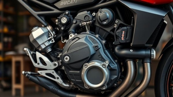 Ducati V4 engine on display in a workshop setting.