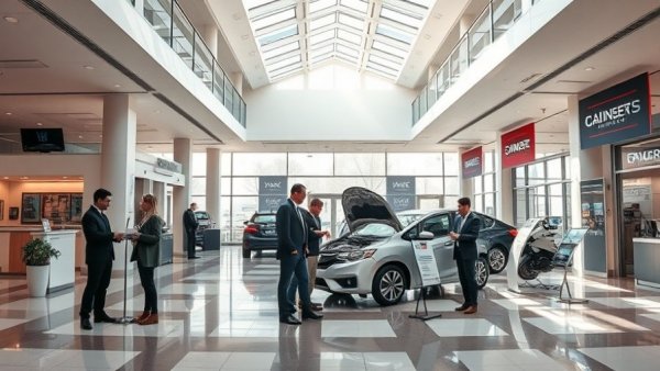 Professionals discussing auto repair in sponsored event lobby