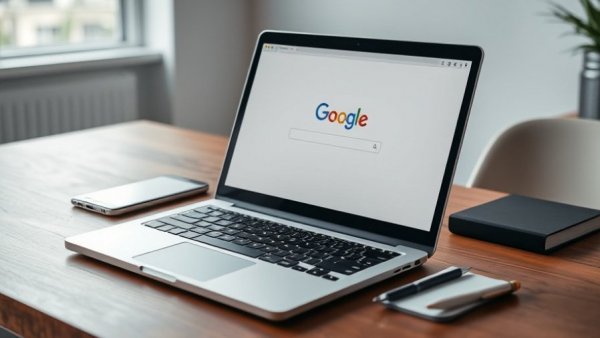 Open laptop on desk displaying Google homepage, remove my name from Google context.
