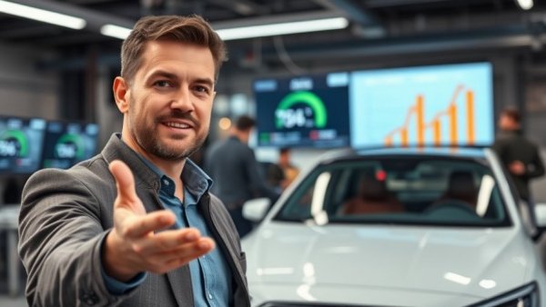 Hybrid cars reliability rankings displayed by confident man in studio.