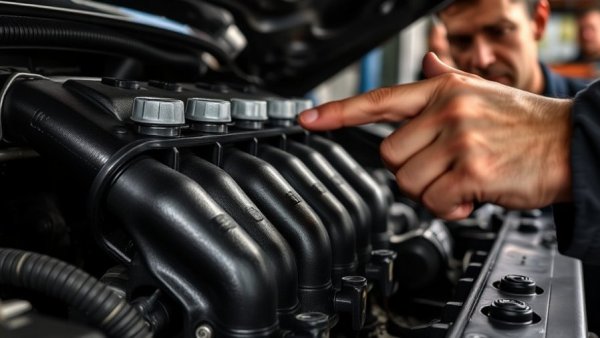 Mechanic points to car intake manifold, highlighting issues.