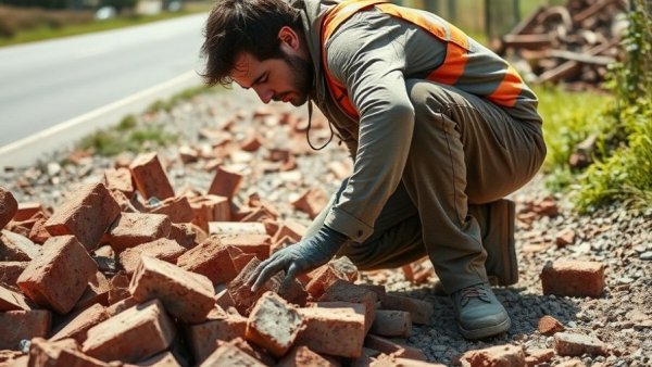 Construction worker assesses debris from garage fire rebuilding process.