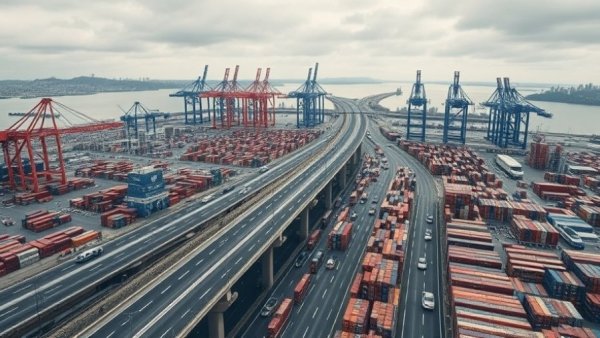Economic graph overlay on port and highway, illustrating trade dynamics.