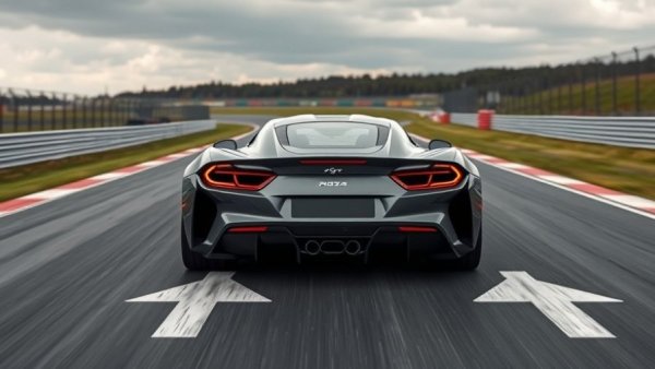 Sleek sports car on track with directional arrows, photorealistic.