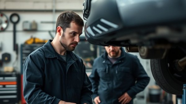 Experienced mechanic in garage inspecting car with colleague.