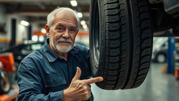 Older mechanic points at tire maintenance tips, divided clean and dirty.