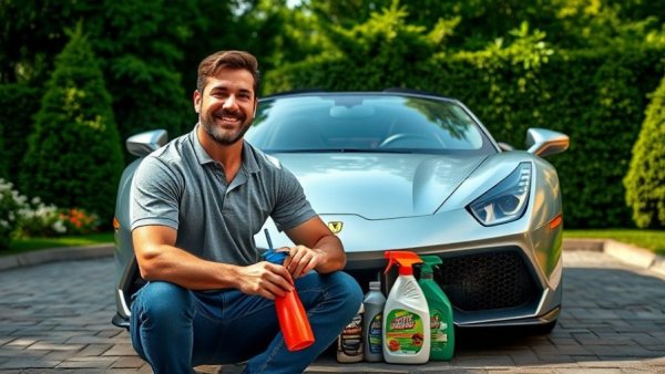 Man's car wash setup with step-by-step supplies on driveway
