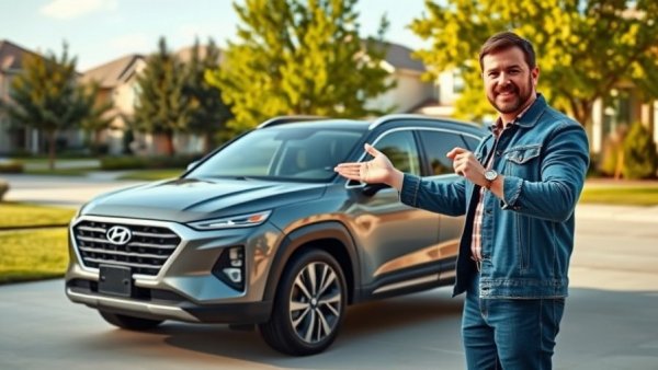 Man showcasing Hyundai's new affordable vehicle in a driveway