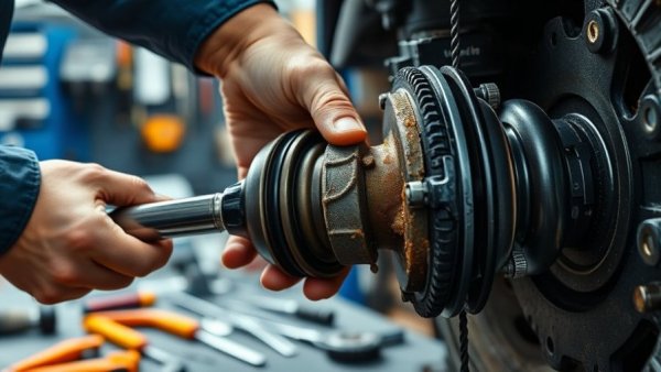 Mechanic inspecting CV axle for bad clicking noise issue.
