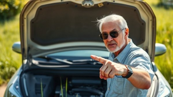 Older man pointing at car engine with 'RIP', outdoors scene.
