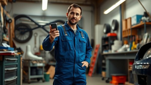Mechanic presenting car maintenance tips in a garage setting.