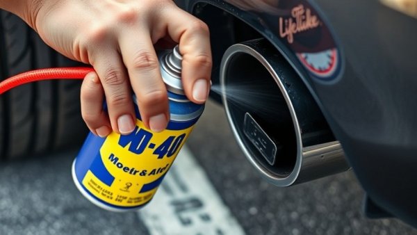 Close-up of WD-40 car hack on exhaust pipe.