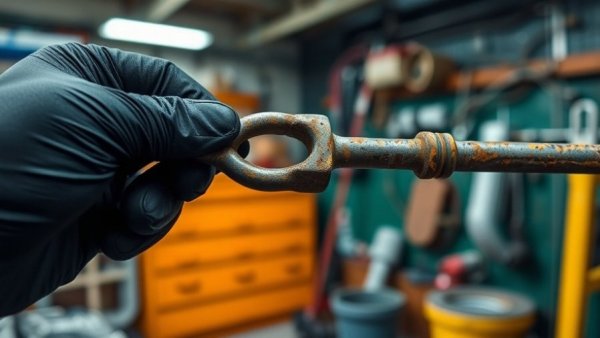Worn sway bar link held by gloved hands in a workshop.