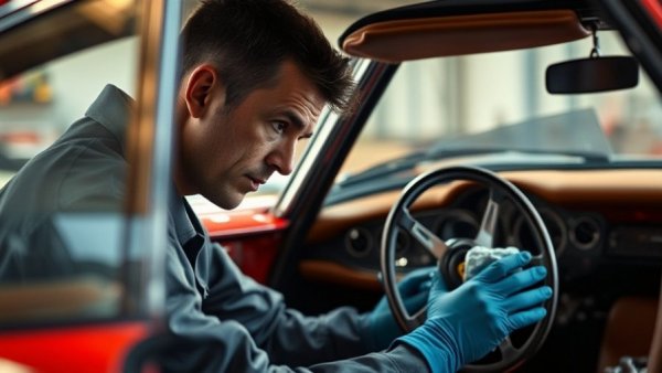 Old Ferrari leather interior being cleaned by a mechanic.