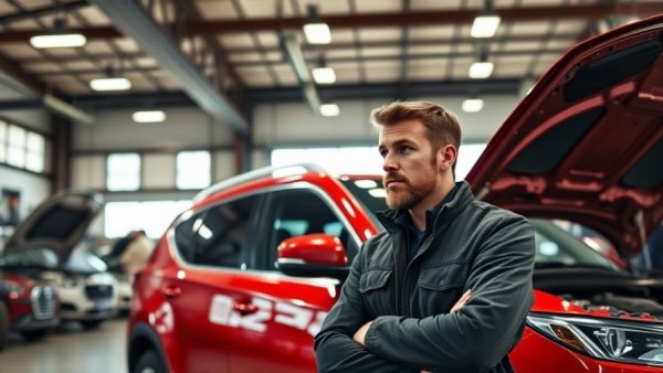 Car maintenance tips illustrated with a man and red SUV in a garage.