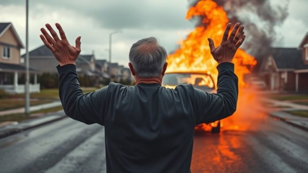 Kia on fire with surprised man reacting in suburb.