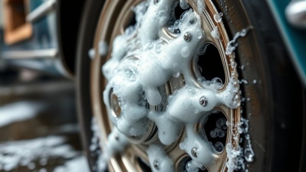 Close-up wheel wash of vintage car with foam.