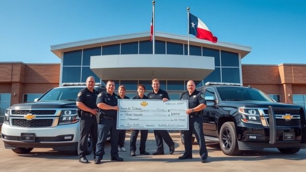 Police officers display giant check for $4.5 million Chevy Tahoes.