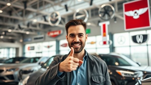 Luxury Cars Worth Buying, confident man pointing at car logos in showroom.