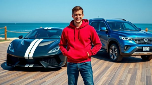 Innovations That Changed Cars Forever: Young man with sports car and SUV by ocean