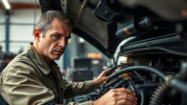 Mechanic diagnosing engine of GMC K2500 for repair and diagnostics