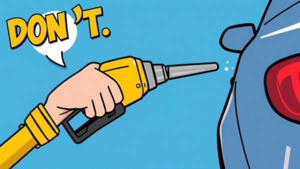 Comic-style gas pump warning illustration for engine health caution.